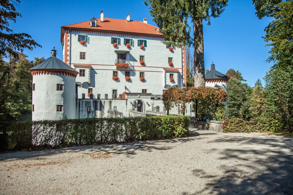 Large historic four-storey castle-style home with white walls, red roof, and turrets, surrounded by mature trees and gardens, ideal for showcasing a second storey addition concept.