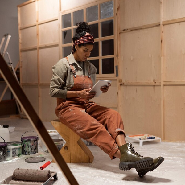 Woman using a tablet while working on Home Renovations inside a partially finished room with paint supplies and tools around her